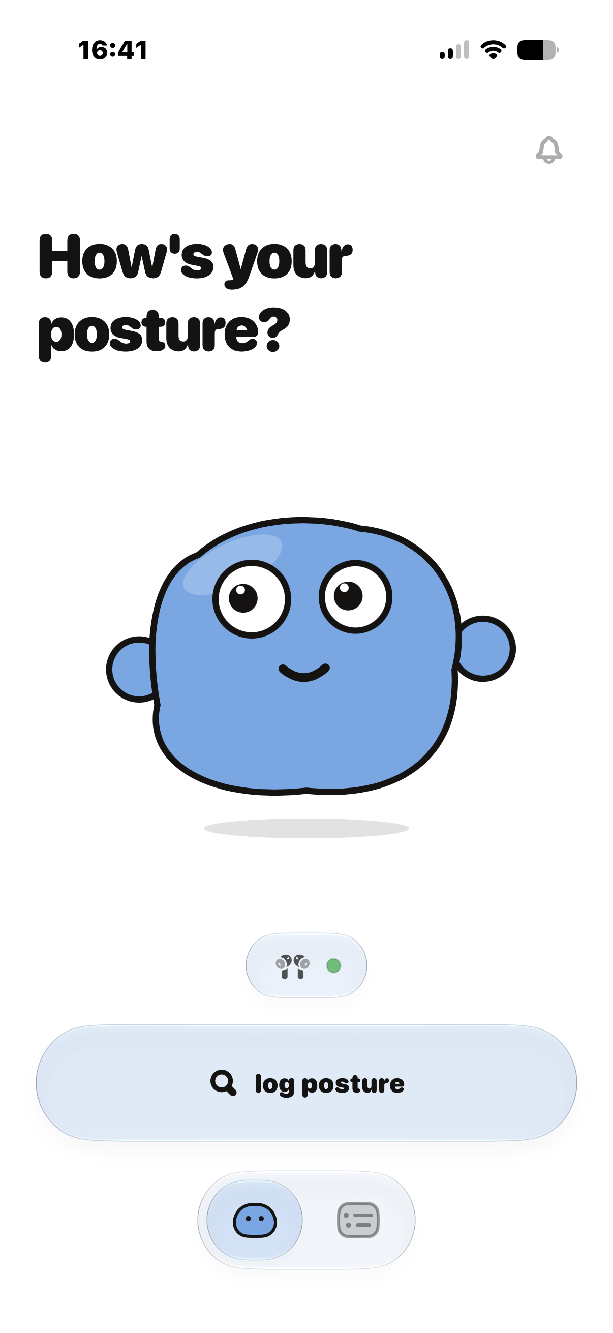 Noddi home screen with the blue mascot and log posture button