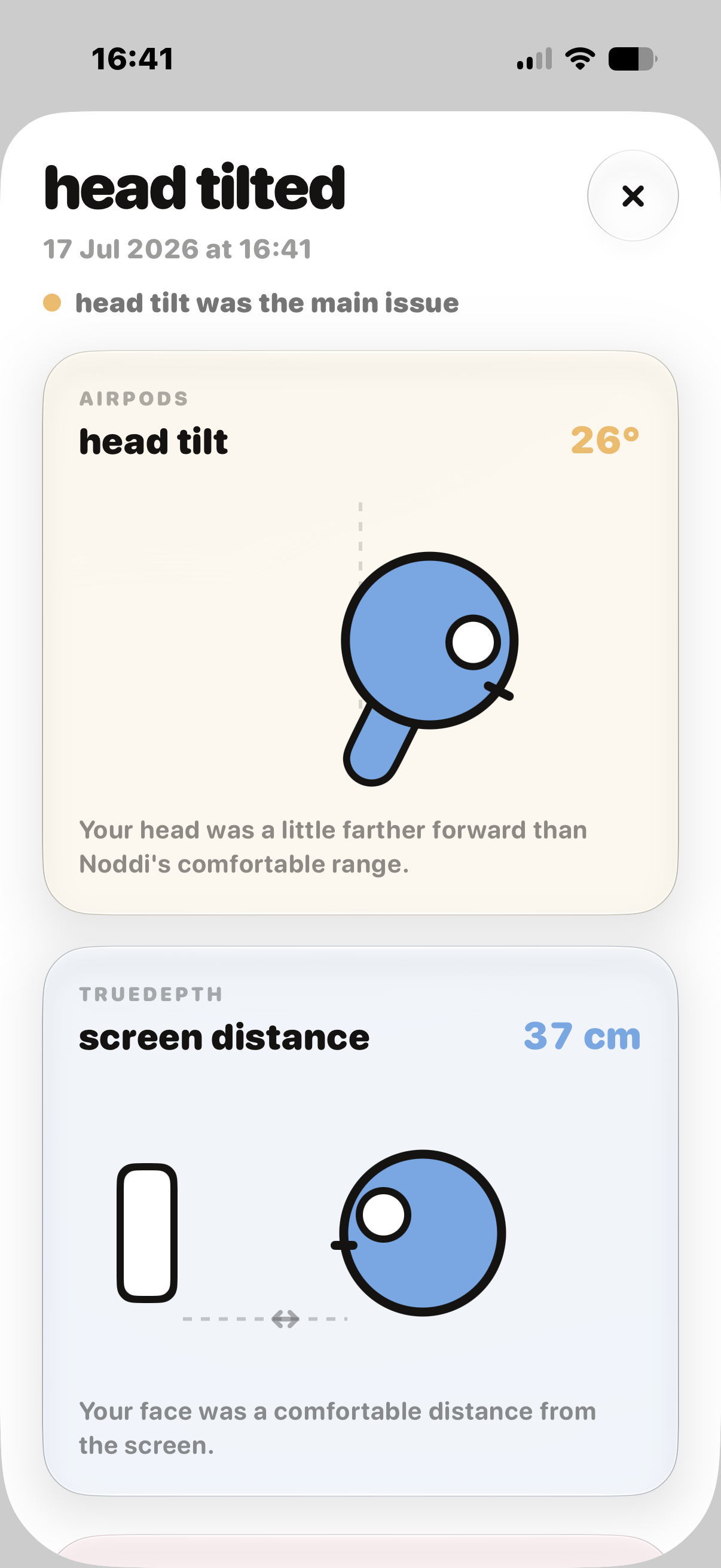 A Noddi result showing a 26 degree head tilt and 37 centimeter screen distance